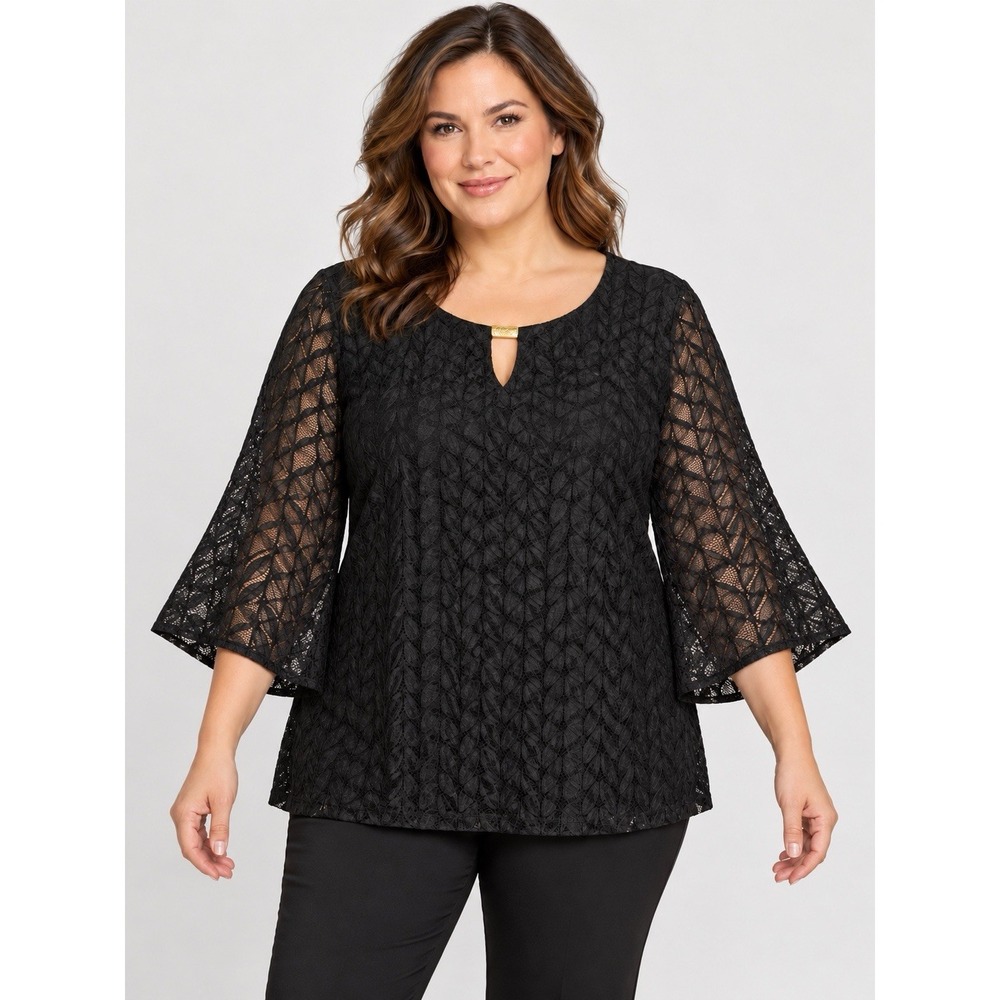 East 5th Women's XL Black Leaf Lace Top Keyhole Gold Accent Lined NWT Career